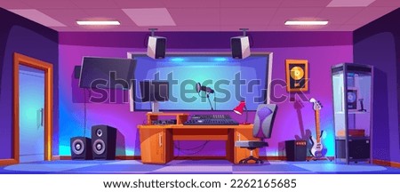 Music record studio interior with professional equipment for game scene background. Sound production room cartoon illustration. Microphone, guitar, radio and speakers near computer in soundproof booth