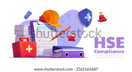 HSE compliance cartoon banner template. Vector illustration of insurance document checklist, medical kit, folders with papers, safety helmet and traffic cone. Symbols of health and labor protection