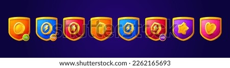Cartoon set of shield game badges isolated on background. Vector illustration of gui rank emblems with star, coin, heart, lightning icons in golden frame. Award rating symbols. Mobile app design