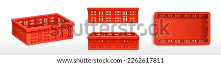 Vector set with red empty plastic crate front and side view. 3d vegetable box for grocery delivery. Reusable fruit storage in supermarket. Clean food container mockup for organizing warehouse.