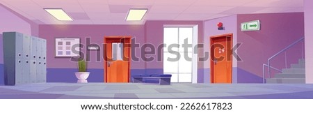 Empty school hall with locker, stairs and exit signboard cartoon background. Vector illustration of office hallway interior design with toilet door. Modern university lobby indoor scene.