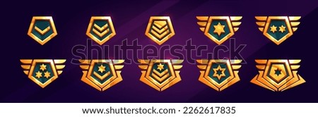Cartoon set of game rank badge isolated on background. Vector illustration of shiny golden pentagonal medals decorated with stars and wings. Symbol of achievement, award for victory, trophy emblem