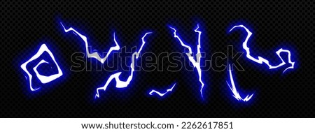 Electric thunder bolt effect. Light flashes of energy, blue lightnings and thunderbolts isolated on transparent background, vector cartoon set for game design