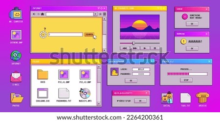 Retro y2k vaporwave window screen of 90s computer with psychedelic interface vector background. Search bar, browser and music player design for desktop with error and warning notification.