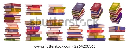Cartoon set of book stacks isolated on white background. Vector illustration of piles of fiction literature, encyclopedias, science textbooks for education, reading hobby, leisure fun, entertainment