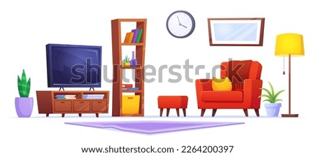 Living room interior isolated furniture set with tv and armchair. Cartoon clipart collection to construct lounge area in apartment. Red pouf, book shelf and television with nobody inside flat design.