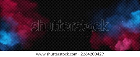 Color smoke, dust or fog clouds on transparent background. Abstract banner template with smog effect, red and blue steam with particles, vector realistic illustration