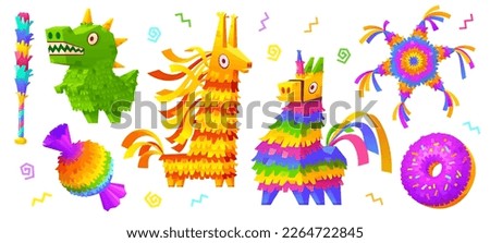 Set of cartoon animal pinatas and bat isolated on white background. Vector illustration of colorful paper accessories in shape of dinosaur, horse, unicorn, star, donut for traditional mexican party Сток-фото © 