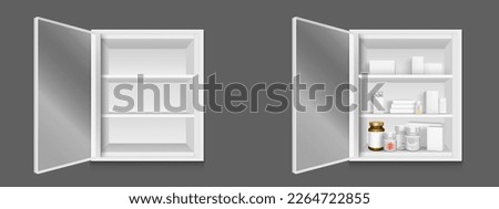 Realistic set of open medical cabinets isolated on background. Vector illustration of empty box with glass door, bottles and boxes of drugs, pills, tablets on shelf. Medication organizer in bathroom