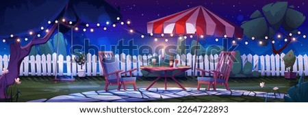 Night backyard with romantic party for two. Vector cartoon illustration of table served for dinner with wine bottle and glasses, garden with swing on tree decorated with garlands under starry sky