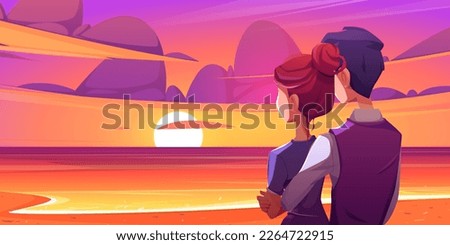 Couple on romantic date on beach at sunset cartoon illustration. Man hug woman on honeymoon and look at sun in sky standing on ocean coast. Young family cuddle. Intimate romance orange landscape.