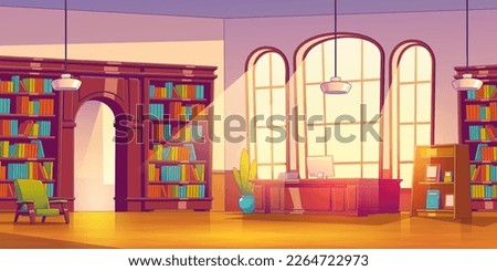 Vector library wooden interior. Cartoon archive warehouse room design with desk and computer. Colorful stack of book and literature inside store organized in rack. Classic librarian storage with lamp.