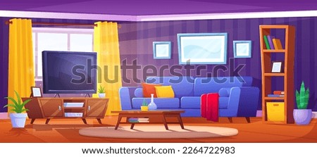 Cartoon living room interior with sofa and tv. Sunlight from window in apartment. Television, couch with plaid, pot and carpet inside flat. Bookcase near coffee table in lounge area of house.