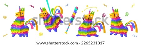 Cartoon set of rainbow unicorn pinata and bat isolated on white background. Vector illustration of funny color paper accessory for traditional birthday surprise party fun. Swinging animation set Сток-фото © 