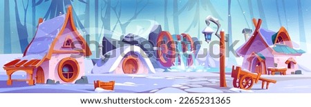 Dwarf village houses covered with snow in winter. Vector cartoon illustration of fairy tale gnome settlement in forest with cute stone huts, round windows, lantern and watermill. Fantasy game scene