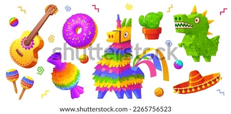 Icons of pinata, Mexican hat, cactus, guitar and maraca. Spanish birthday party or Cinco de Mayo with pinata in shape of donkey, donut, candy and dinosaur, vector cartoon illustration Сток-фото © 