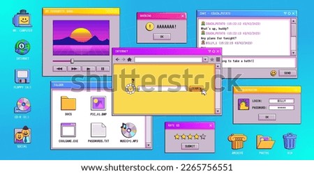 Retro software windows on computer desktop. Vector illustration of chat messenger, media player, internet connection, login, system error warning boxes, folder and document icons. 90s style design