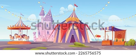 Cartoon amusement park. Vector illustration of circus tent, pink fantasy castle, carousel with toy horses, archery attraction under blue sky. Festive open air funfair for family weekend entertainment