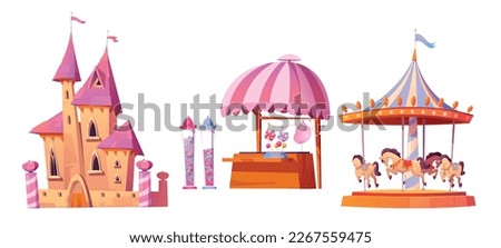 Cartoon set of amusement park design elements isolated on white background. Vector illustration of fantasy pink castle building, carousel with toy horses, sweets shop with candy floss and lollipops