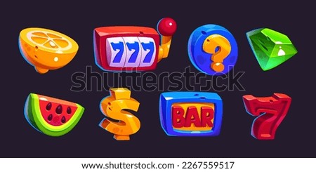 Set of casino cartoon slot machine icon. Cartoon gambling game ui element in vector. 777, dollar, watermelon and bar asset for online gamble website. Glossy lottery vector illustration collection.