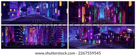 Neon light on night city road street cartoon landscape set of illustration. Urban vector skyline background with building and road at nighttime. Empty dark game panorama scene collection.