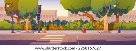 City street road with traffic lights, sidewalk and pedestrian crosswalk. Town landscape with buildings, houses, trees, bushes, empty car road, vector illustration in contemporary style