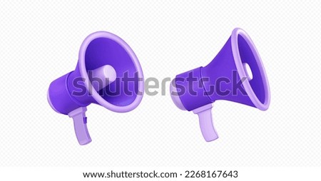Loudspeaker 3d icon. Loud speaker, megaphone for announce, communicate and warning messages. Purple bullhorn isolated on transparent background, vector 3d illustration. 3D Illustration