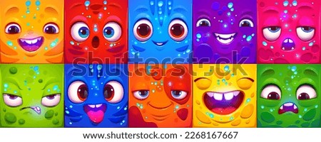 Cartoon set of cute square emoji with different emotions. Vector illustration of neon color funny faces smiling, angry, bored, scared, surprised, crazy, laughing. Game characters. Chat message symbols