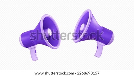 3d render vector realistic loud speaker object. Purple loudspeaker illustration of sound or communication element in design. Media megafon concept for message or speech on advertising banner
