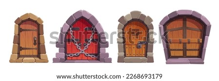 Cartoon set of medieval castle or dungeon doors isolated on white background. Vector illustration of old wooden gates with stone arch, iron chain and handles. Ancient prison, house, church entrance