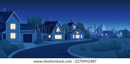 Empty suburban street with house at night landscape. Neighborhood residential house illustration dark background. Home in small town with stars in sky. Road through village and building in evening.