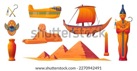 Egypt temple, pharaoh and sarcophagus cartoon vector set, scarab, sarcophagus, boat. Ancient egyptian travel icon collection, landmark isolated on white. Tourist object to create history infographic.