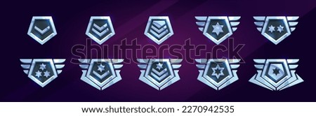 Set of military game rank badges isolated on background. Vector cartoon illustration of silver metal pentagonal insignia medals with stars, chevrons, wings. Gui progress symbol. Award for achievement