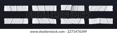 White adhesive tape pieces, torn sticky paper labels isolated on transparent background. Blank scotch strips, ripped rectangle shape stickers with wrinkles, vector realistic set