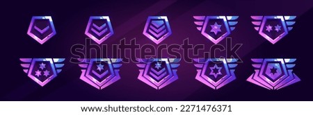 Set of military game rank badges isolated on background. Vector cartoon illustration of shiny metal pentagonal insignia medals with stars, chevrons, wings. Gui progress symbol. Award for achievement