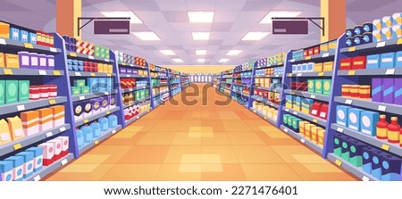 Aisle in grocery store and shelves with food vector background. Supermarket interior background perspective view. Merchandise in hypermarket with display shelf full of products to buy.