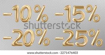 Realistic set of golden air balloon discount figures isolated on transparent background. Vector illustration of minus 10, 15, 20, 25 percent price, holiday sale offer, promo campaign design elements Imagine de stoc © 