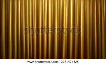 Realistic closed gold cinema curtain background in vector. Theater cloth texture with drape for show or event. Elegant silk fabric pattern for horizontal announcement theatrical design.