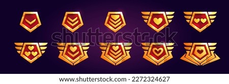 Set of game rank badges with hearts isolated on background. Vector cartoon illustration of golden pentagonal progress medals with chevrons, metal wings. Life, power, energy symbols. Gui elements