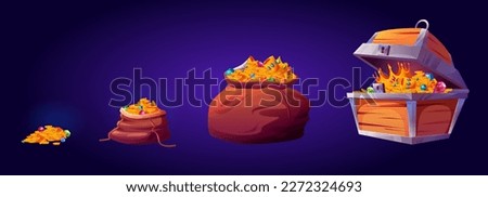 Cartoon set of treasure pile, sack and chest isolated on dark blue background. Vector illustration of open wooden box, big and small bags full of money, vintage royal crown, gem stones, heap of coins