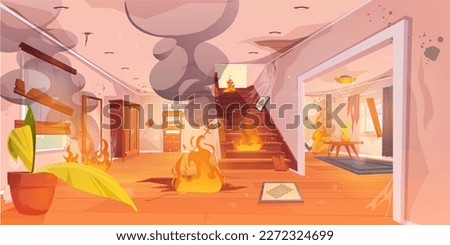 Burning fire inside home. Accident scene with flame and smoke in house hall. Old abandoned countryside cottage interior of corridor, living room and stairs in fire, vector cartoon illustration