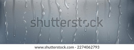 Realistic rain shower drops down vector background. 3d water flow on window glass pattern. Raindrop stream on waterproof surface effect illustration template. Moisture streaks clear aqua backdrop.