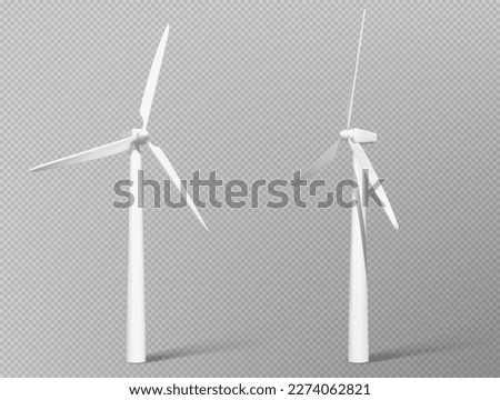 3d wind power generator turbine icon in vector on transparent background. Set of white windmill for renewable clean energy production. Aerogenerator islated illustration with realistic air propeller.