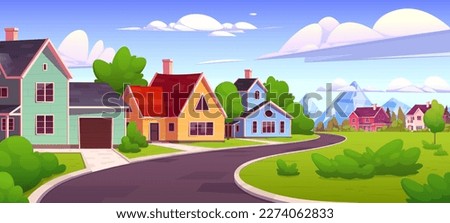 Suburban town street against mountain background. Vector cartoon illustration of asphalt road, cozy houses and garages, green grass and trees, blue sky on sunny day. Urban residential neighborhood