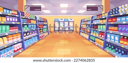 Supermarket aisle perspective view. Vector cartoon illustration of product shelves full of colorful cardboard boxes and food packages, bottles with beverages in refrigerator. Grocery store department
