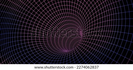 Color wireframe wormhole on black, 3d funnel or portal. Graphic illusion of grid hole, line warp, abstract geometric mesh vector illustration on dark background