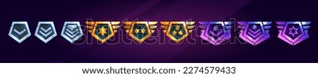 Army rank badges, gold military insignia signs. Game icons of golden, silver and rare emblems. Metal symbols with wings, stars and chevrons, vector cartoon set isolated on background