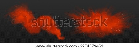 Red spice powder, paprika and ground chilli pepper explosion. Splashes of seasoning, red dust or paint isolated on transparent background, vector realistic illustration