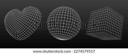 3d wireframe heart line shape. Abstract geometric mesh polygon sphere graphic object. Outline white grid y2k figure set on dark background. Digital tech design for dimensional love form and cube.
