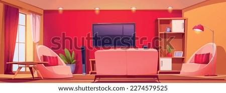 Living room interior with red wall, tv and couch, back view cartoon vector background. Sofa and armchair in bright apartment with plant on shelf. Modern indoor flat illustration of empty livingroom.